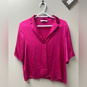 Mango Hot Pink Short Sleeve Satin Shirt